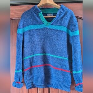 Pendleton V-Neck Sweater in Blue with Green and Red Accents